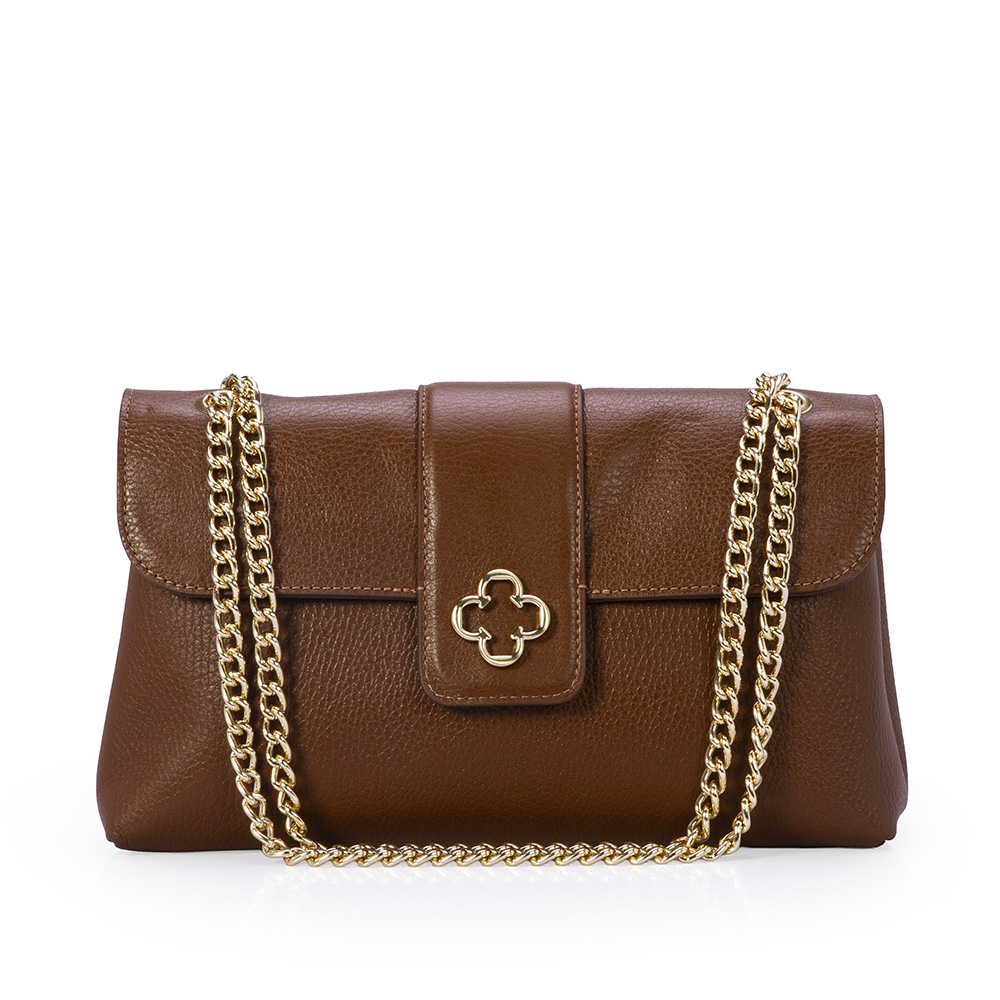 BOLSA M&Eacute;DIA MARROM DE COURO AL&Ccedil;A CORRENTE DOURADA image number 0