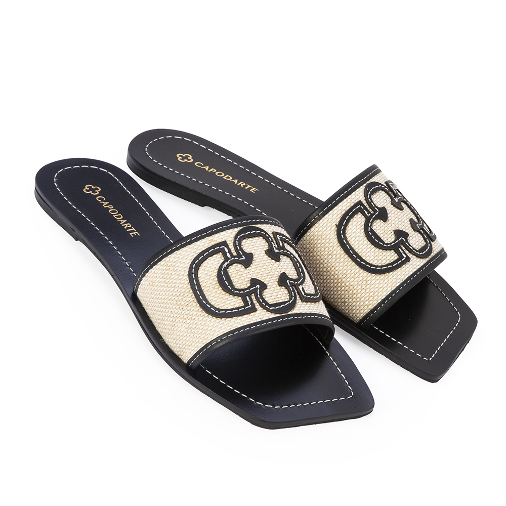 CHINELO SLIDE PRETO DE COURO JUTA CRU image number 1