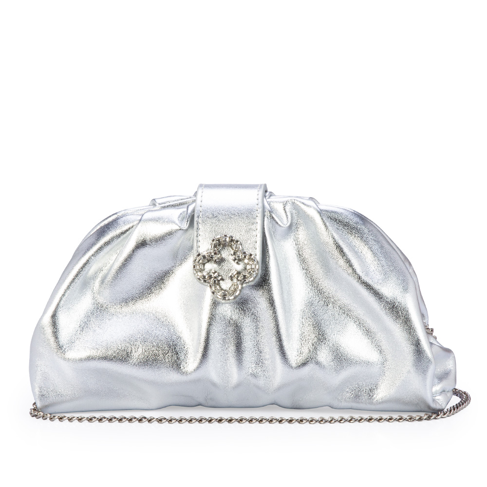 BOLSA CLUTCH PRATA METALIZADA DE COURO AL&Ccedil;A CORRENTE image number 0