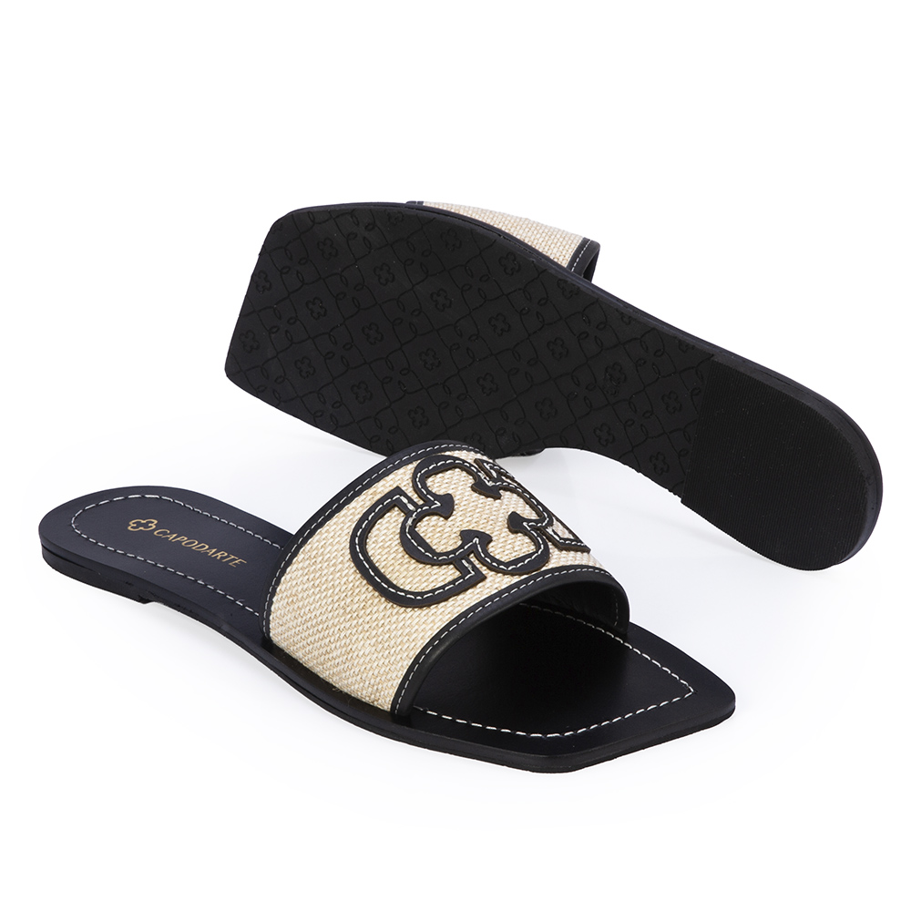 CHINELO SLIDE PRETO DE COURO JUTA CRU image number 3