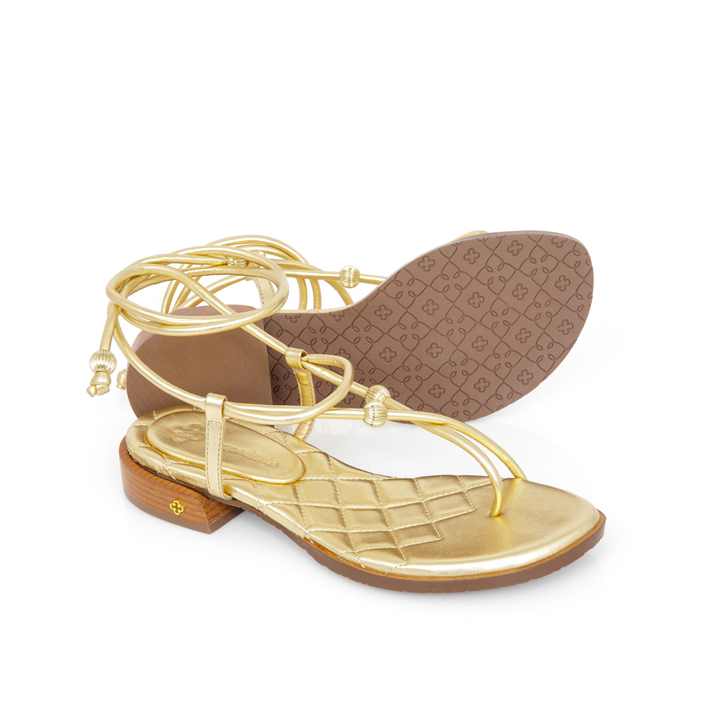 SANDÁLIA SALTO BAIXO DOURADA AMARRAÇÃO MATELASSÊ image number 3