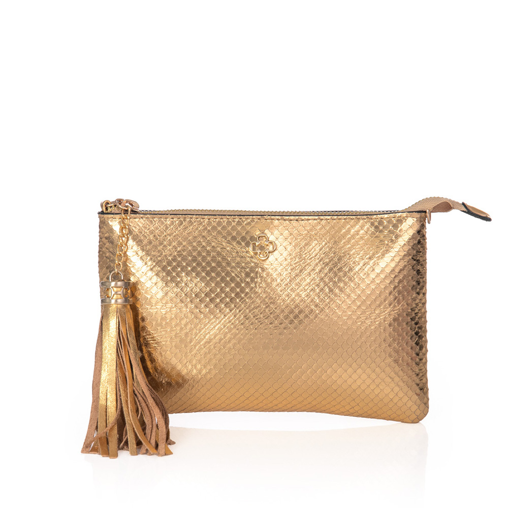 BOLSA TRANSVERSAL COURO DOURADO PITONE VIRA CLUTCH image number 0