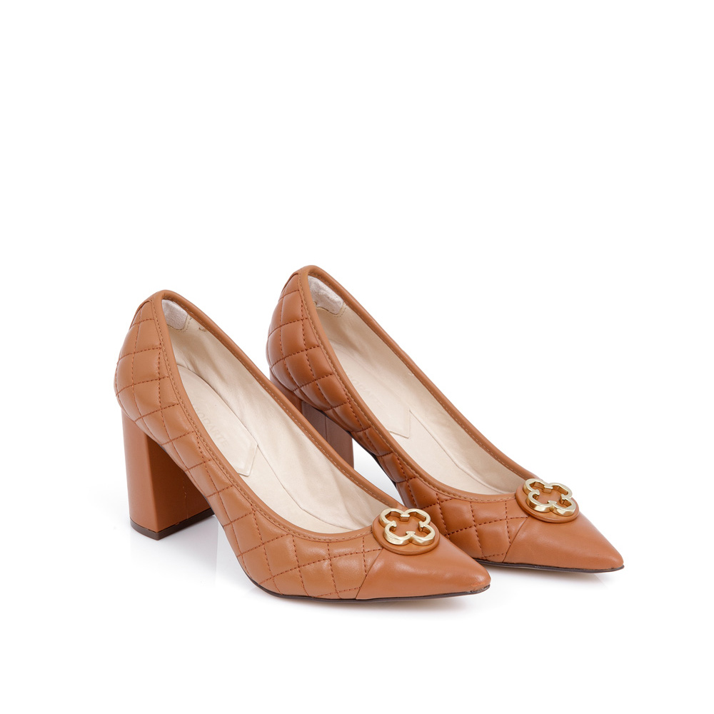 SCARPIN SALTO BLOCO DE COURO CARAMELO MATELASS&Ecirc; image number 1