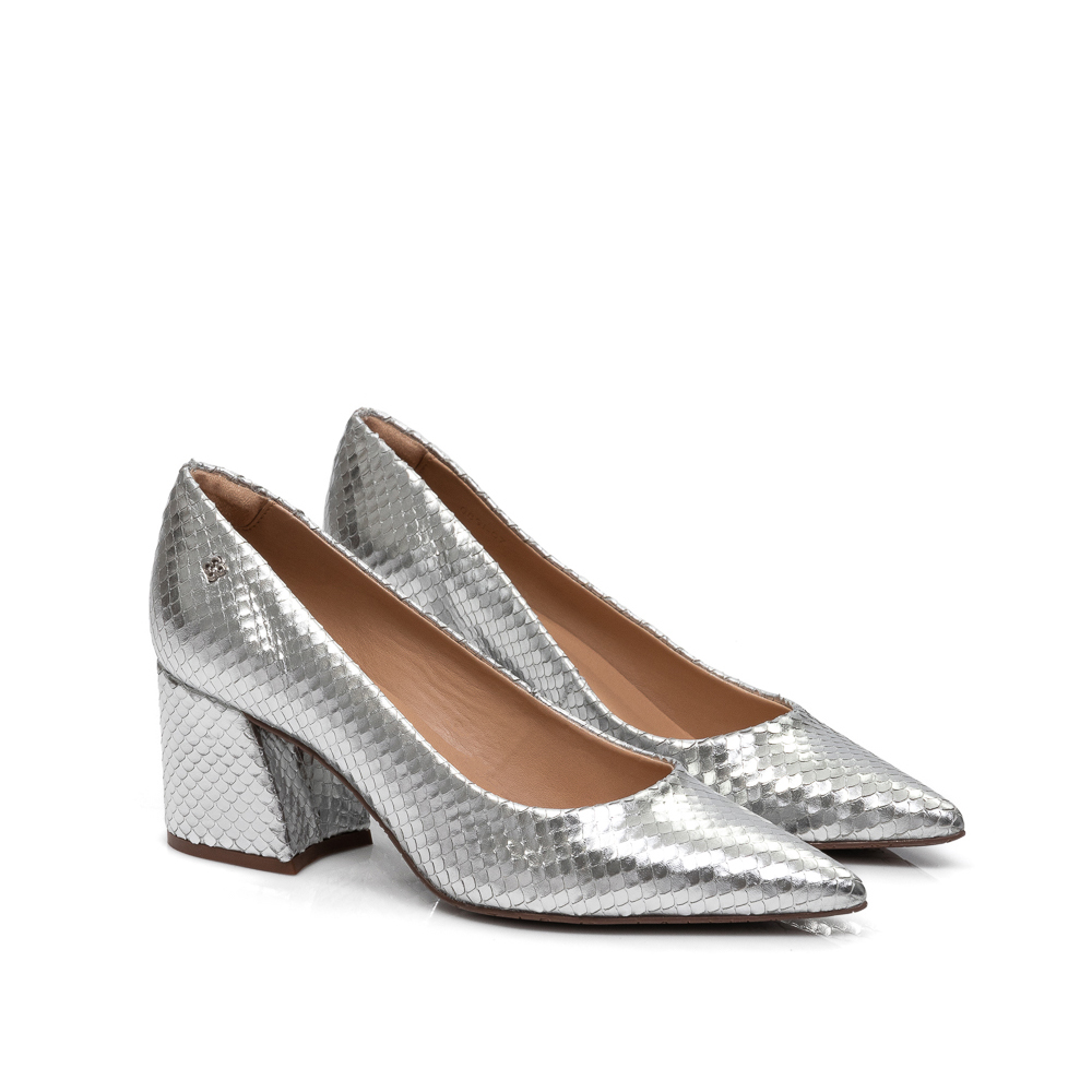 SCARPIN PRATEADO PITONE SALTO BLOCO DE COURO image number 1