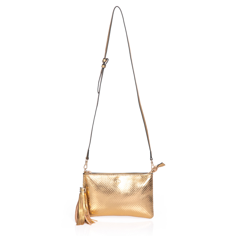 BOLSA TRANSVERSAL COURO DOURADO PITONE VIRA CLUTCH image number 3