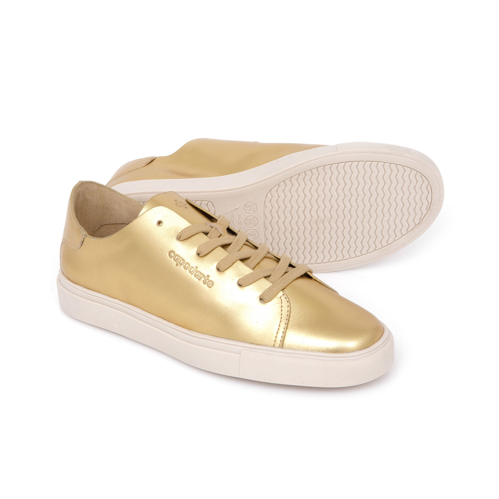 TÊNIS FEMININO DOURADO METALIZADO DE COURO AMARRAÇÃO image number 3