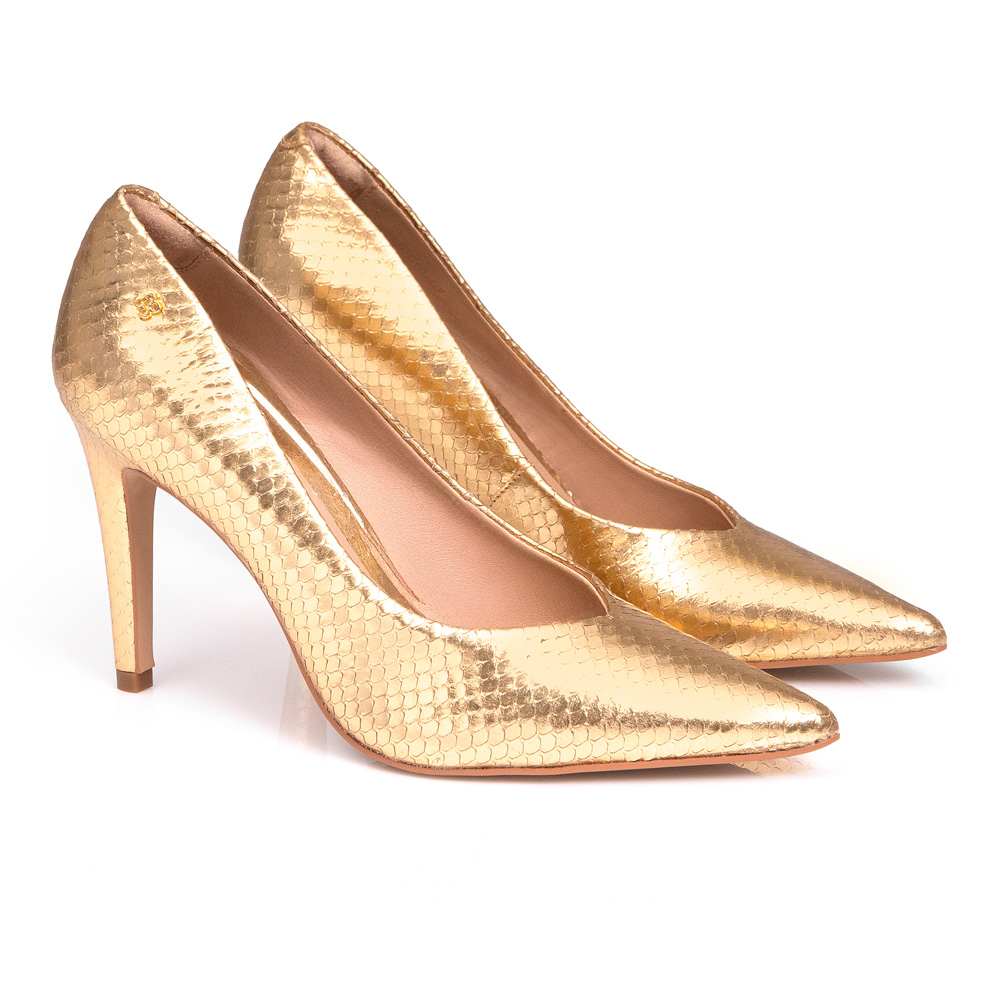 SCARPIN SALTO ALTO FINO DOURADO METALIZADO DE COURO PITONE image number 1