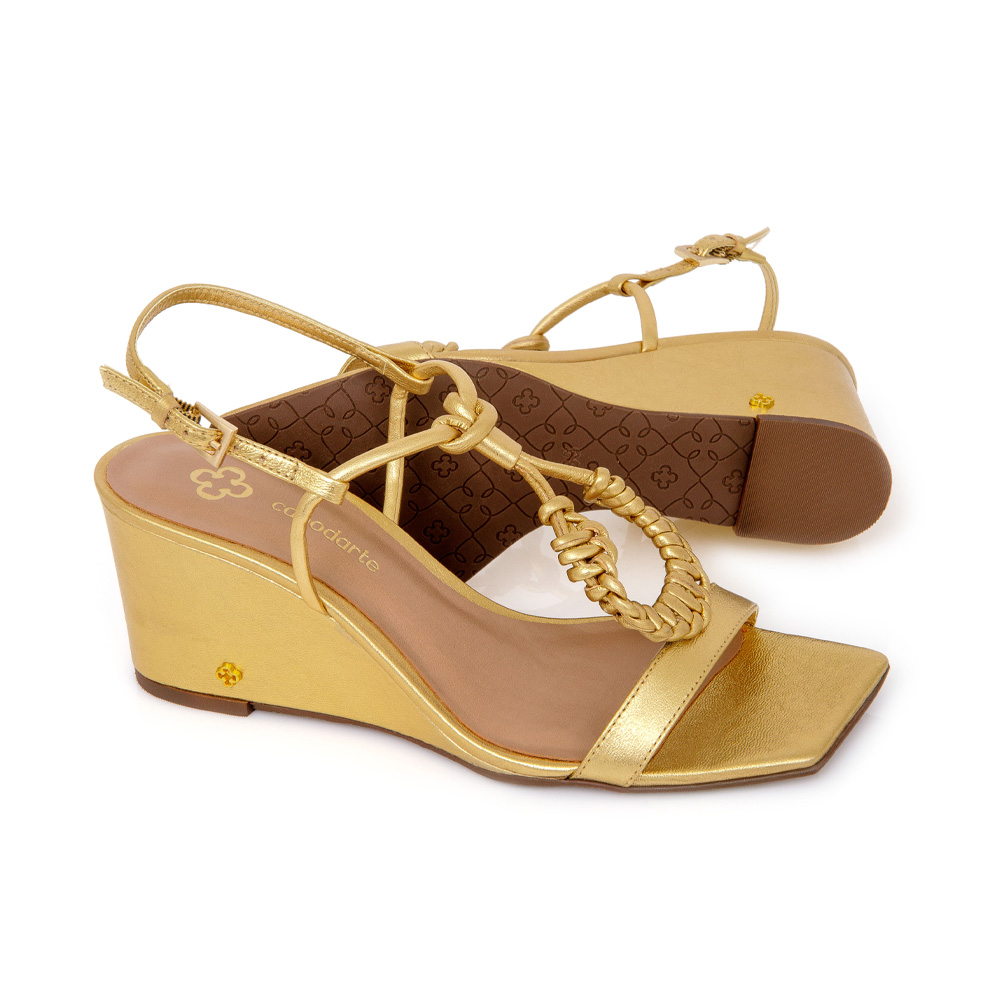 SANDÁLIA DOURADA SALTO ANABELA DE COURO image number 3