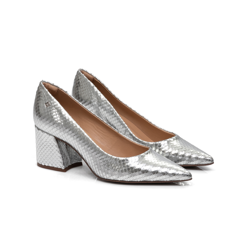 SCARPIN PRATEADO PITONE SALTO BLOCO DE COURO image number 1