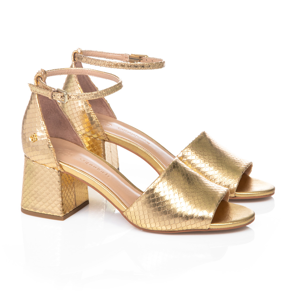 SANDÁLIA SALTO BLOCO DOURADA PITONE DE COURO image number 1