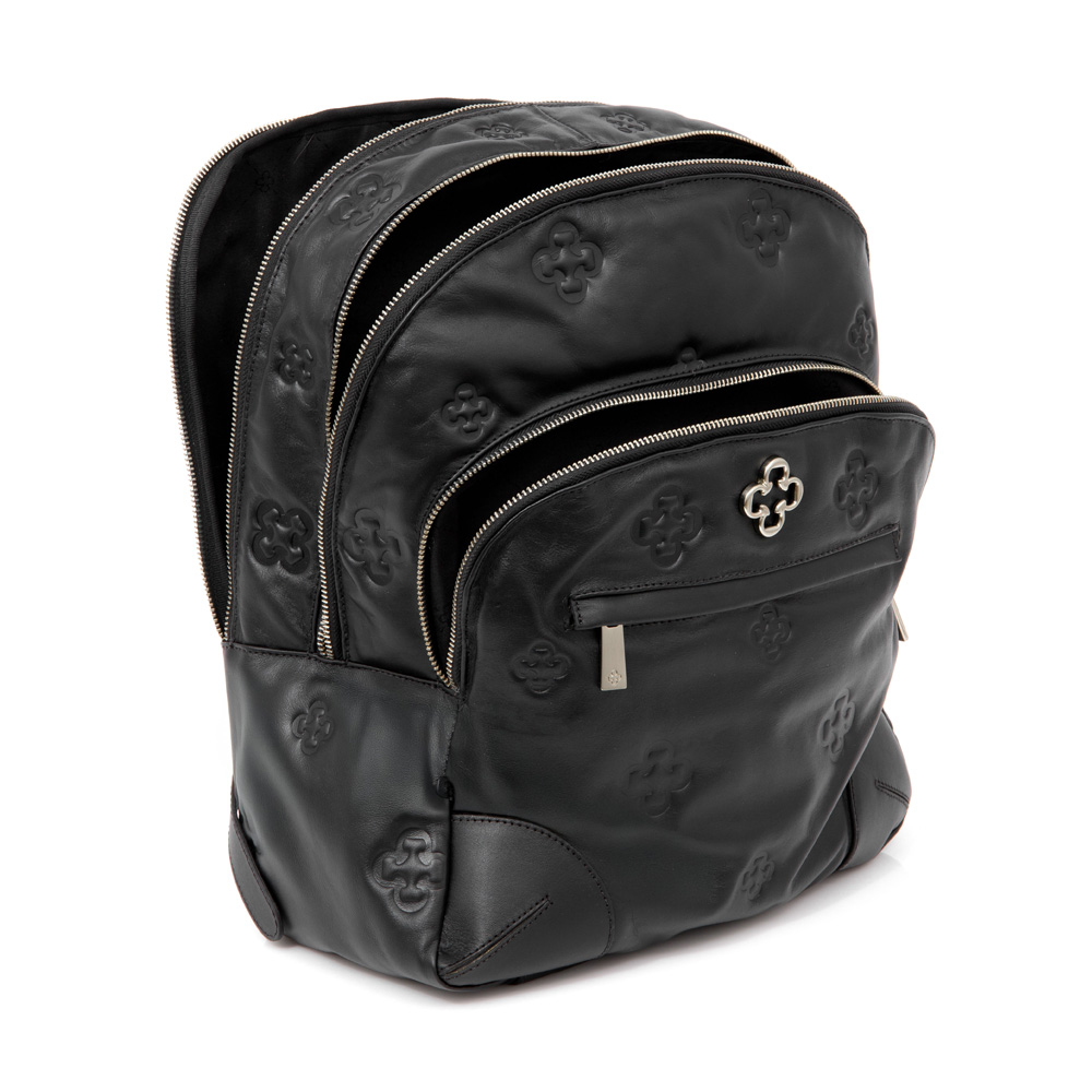 MOCHILA FEMININA PRETA DE COURO BOLSOS ZÍPER image number 3