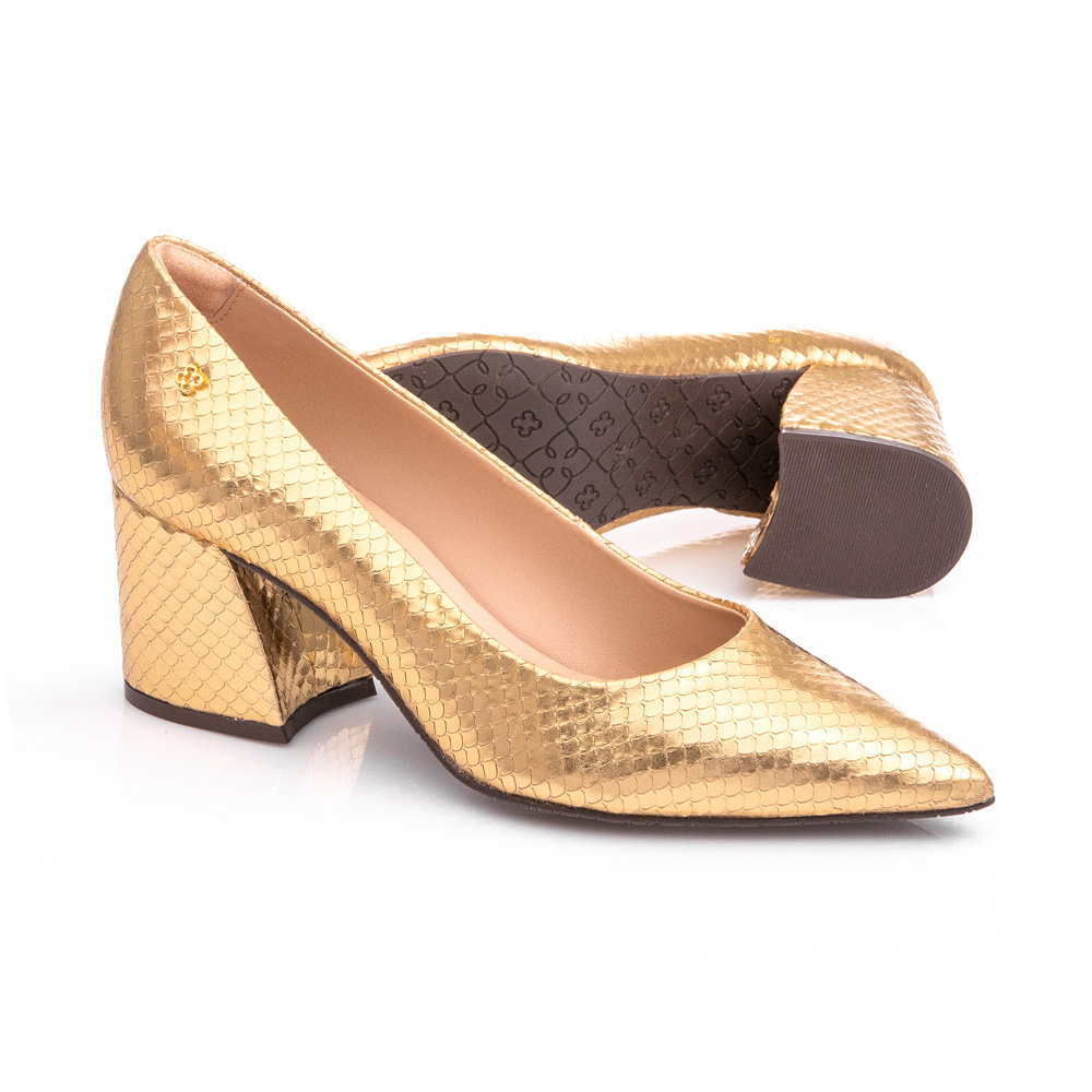 SCARPIN DOURADO PITONE SALTO BLOCO DE COURO image number 3
