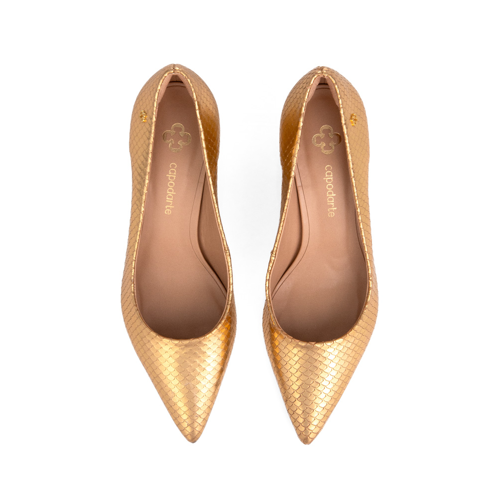 SCARPIN DOURADO PITONE SALTO BLOCO DE COURO image number 4