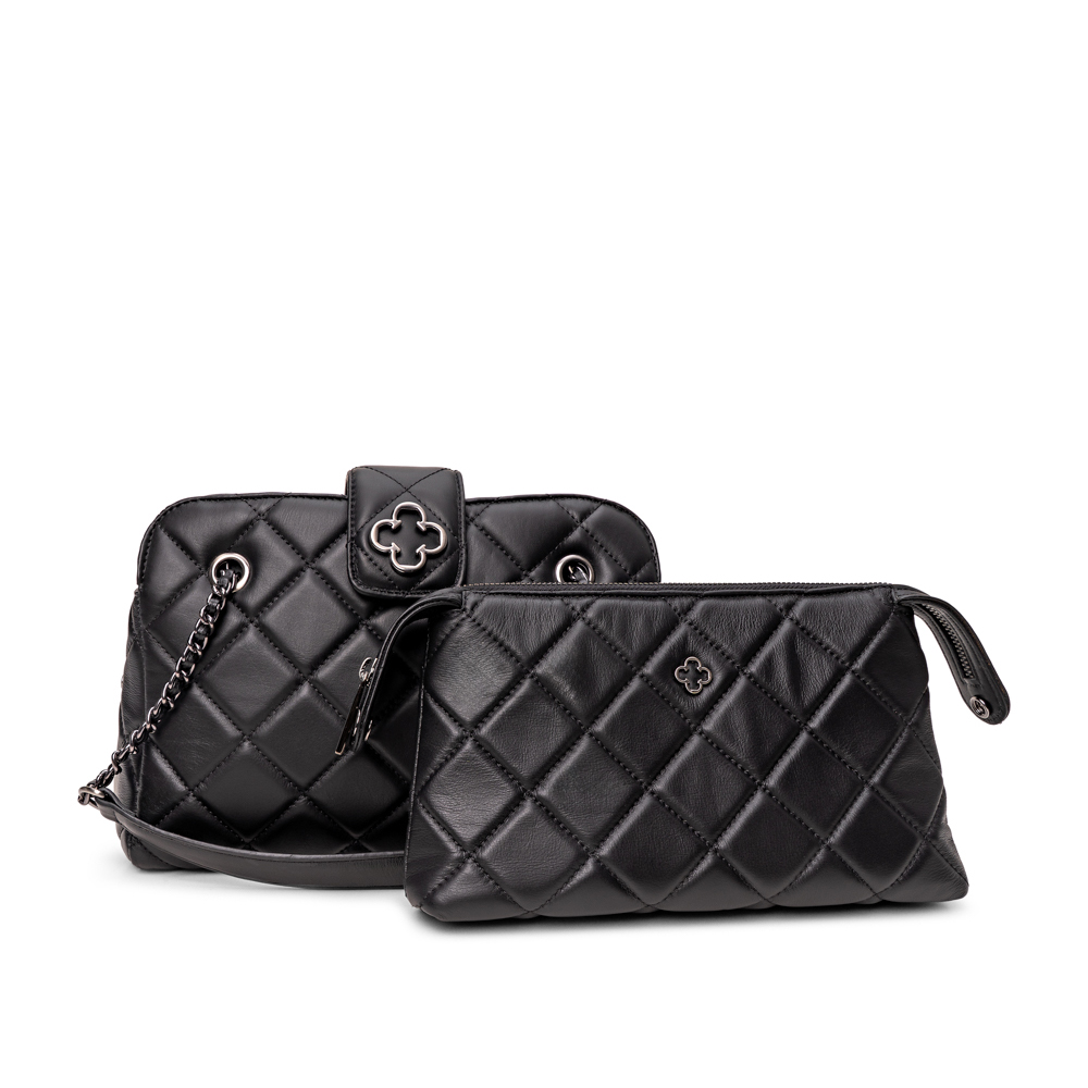BOLSA MÉDIA PRETA DE COURO MATELASSÊ SHOULDER BAG image number 3