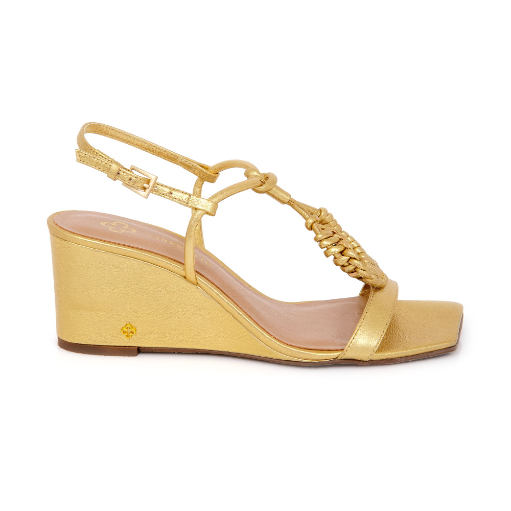 SANDÁLIA DOURADA SALTO ANABELA DE COURO image number 0