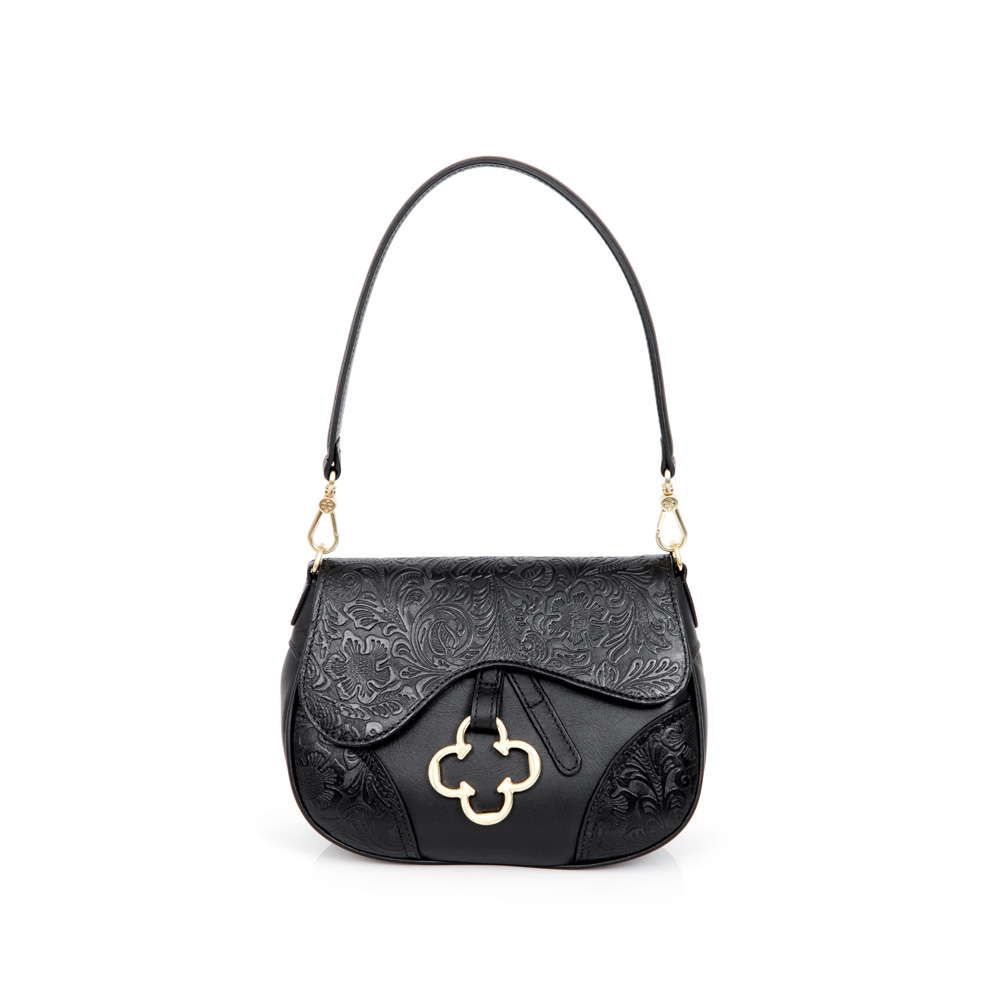 BOLSA TIRACOLO PRETA DE COURO FLORATTA image number 0