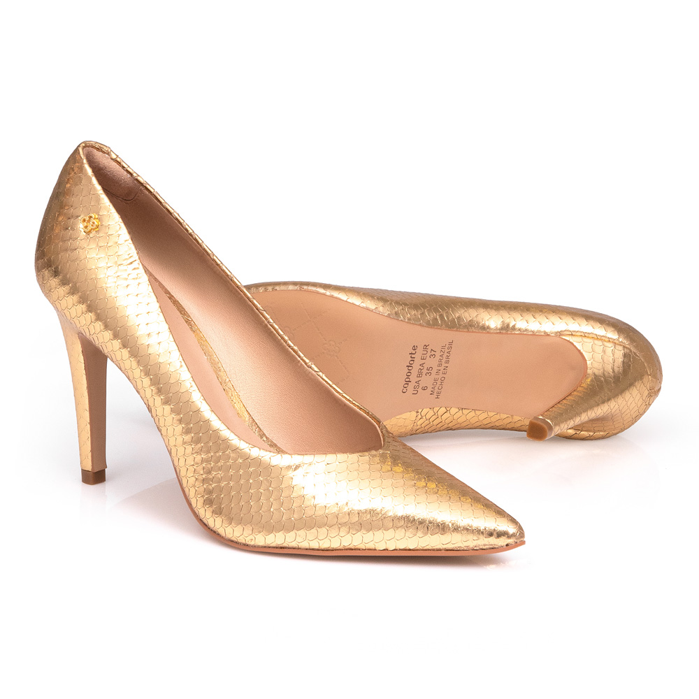 SCARPIN SALTO ALTO FINO DOURADO METALIZADO DE COURO PITONE image number 3