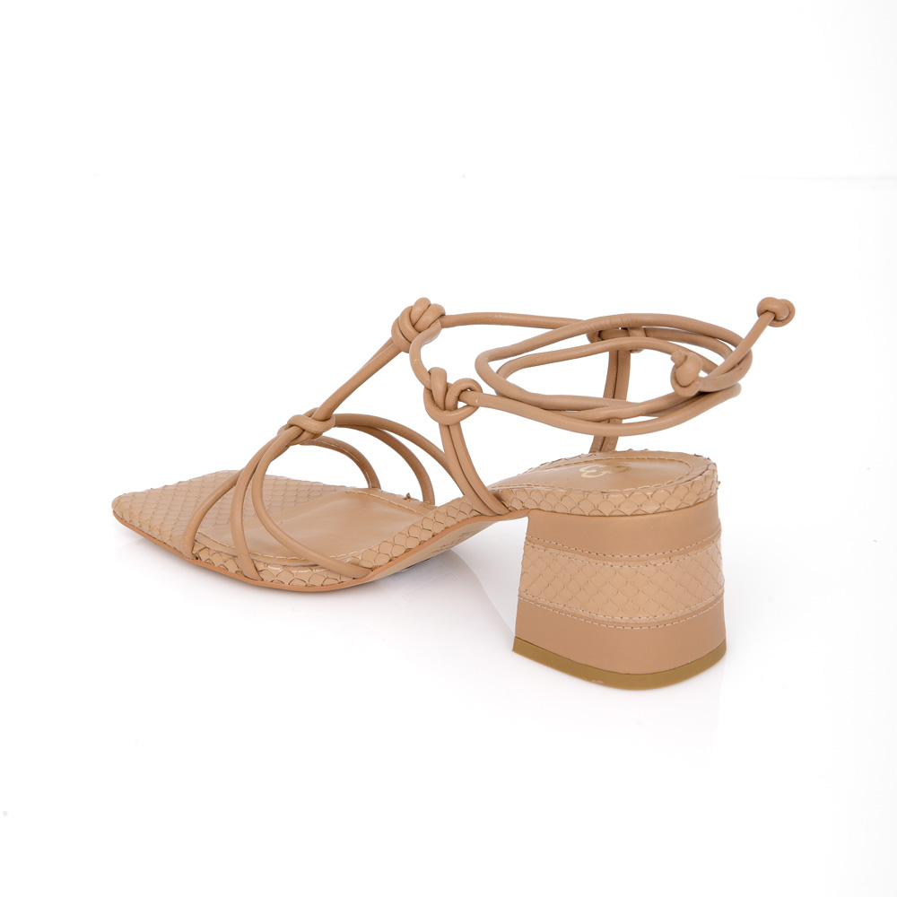 SANDÁLIA SALTO MÉDIO DE COURO BEGE AMARRAÇÃO image number 2