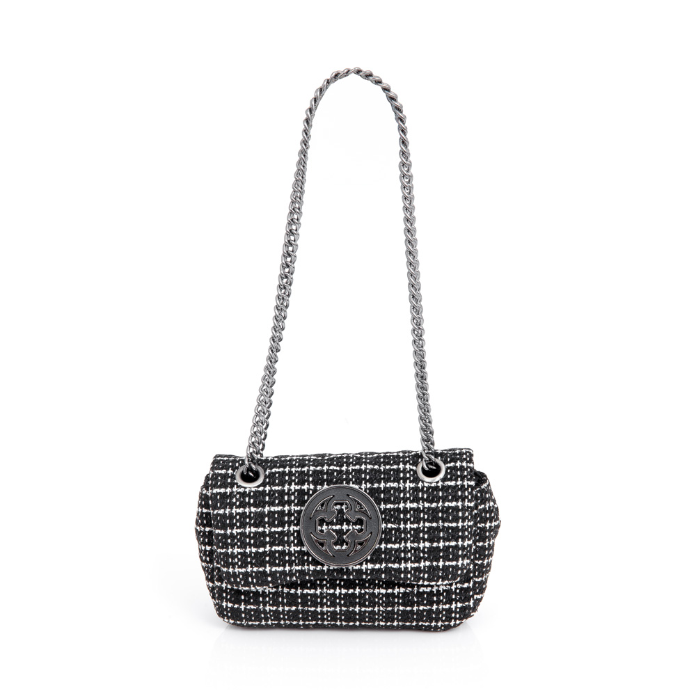 BOLSA PEQUENA TWEED PRETA E BRANCA ALÇA CORRENTE image number 0