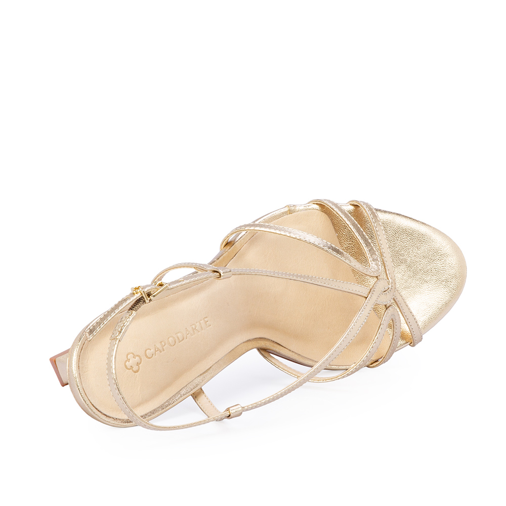 SANDÁLIA SALTO ALTO DOURADA METALIZADA DE COURO image number 4