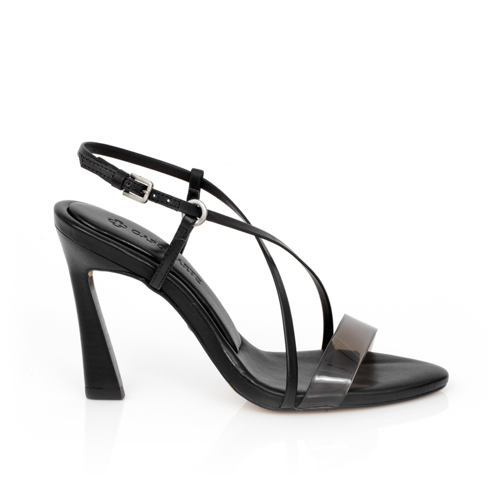 SANDÁLIA SALTO ALTO PRETA DE COURO TIRA VINIL Capodarte