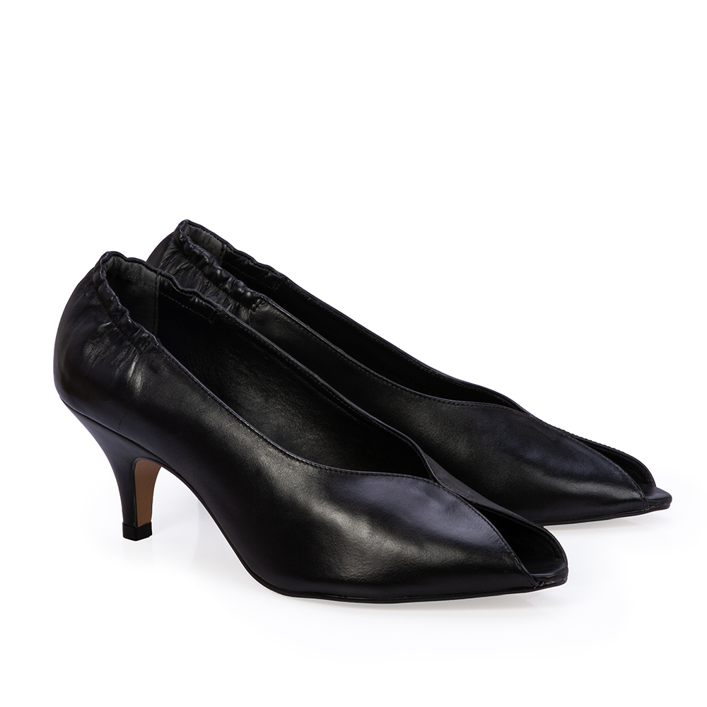 PEEP TOE PRETO DE COURO SALTO M&Eacute;DIO image number 1