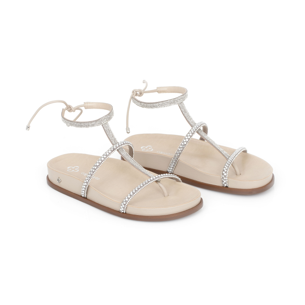 SANDÁLIA PAPETE PRATA E BEGE OSTRA PEDRARIAS AMARRAÇÃO image number 1