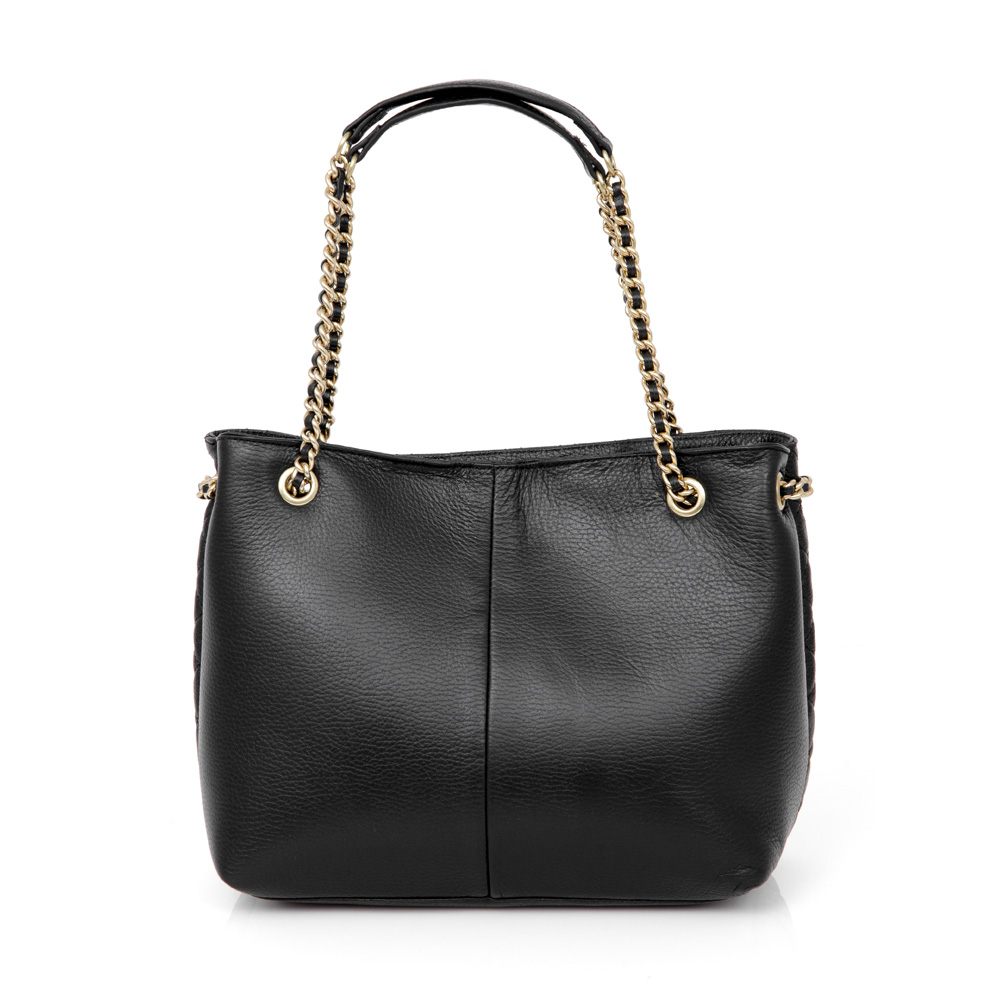 BOLSA M&Eacute;DIA PRETA DE COURO CORRENTE DOURADA CARINA image number 2