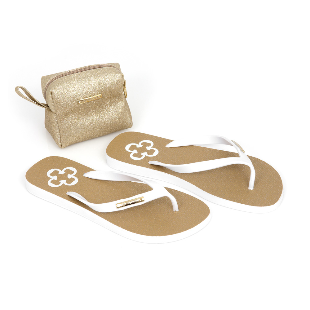 KIT CHINELO E PORTA MOEDAS BRANCO E OURO image number 0