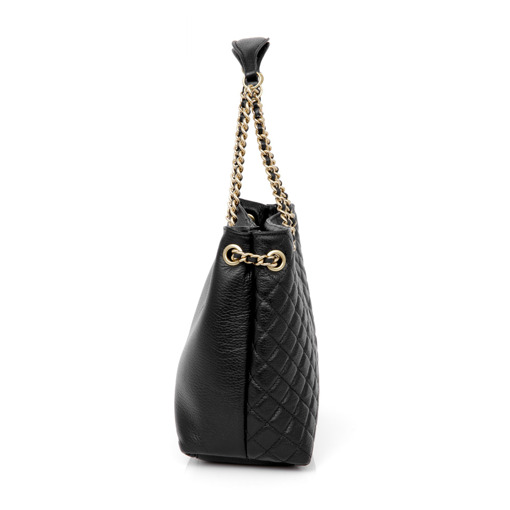 BOLSA M&Eacute;DIA PRETA DE COURO CORRENTE DOURADA CARINA image number 1