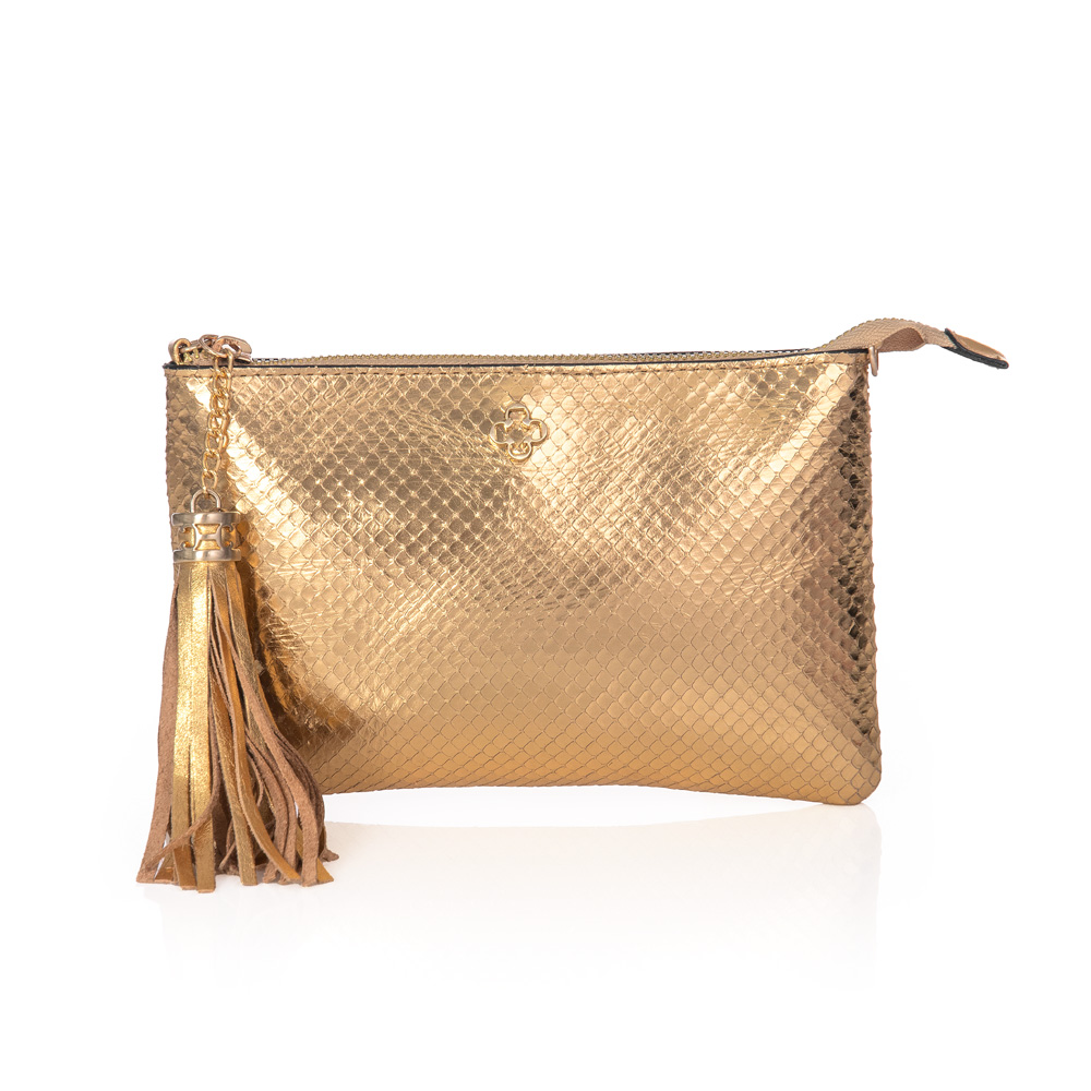 BOLSA TRANSVERSAL COURO DOURADO PITONE VIRA CLUTCH image number 0