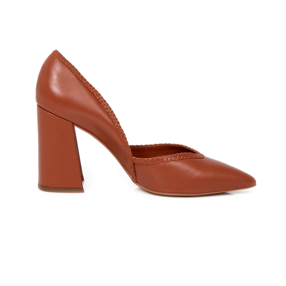 SCARPIN SALTO BLOCO CARAMELO COURO TRAN&Ccedil;ADA image number 0