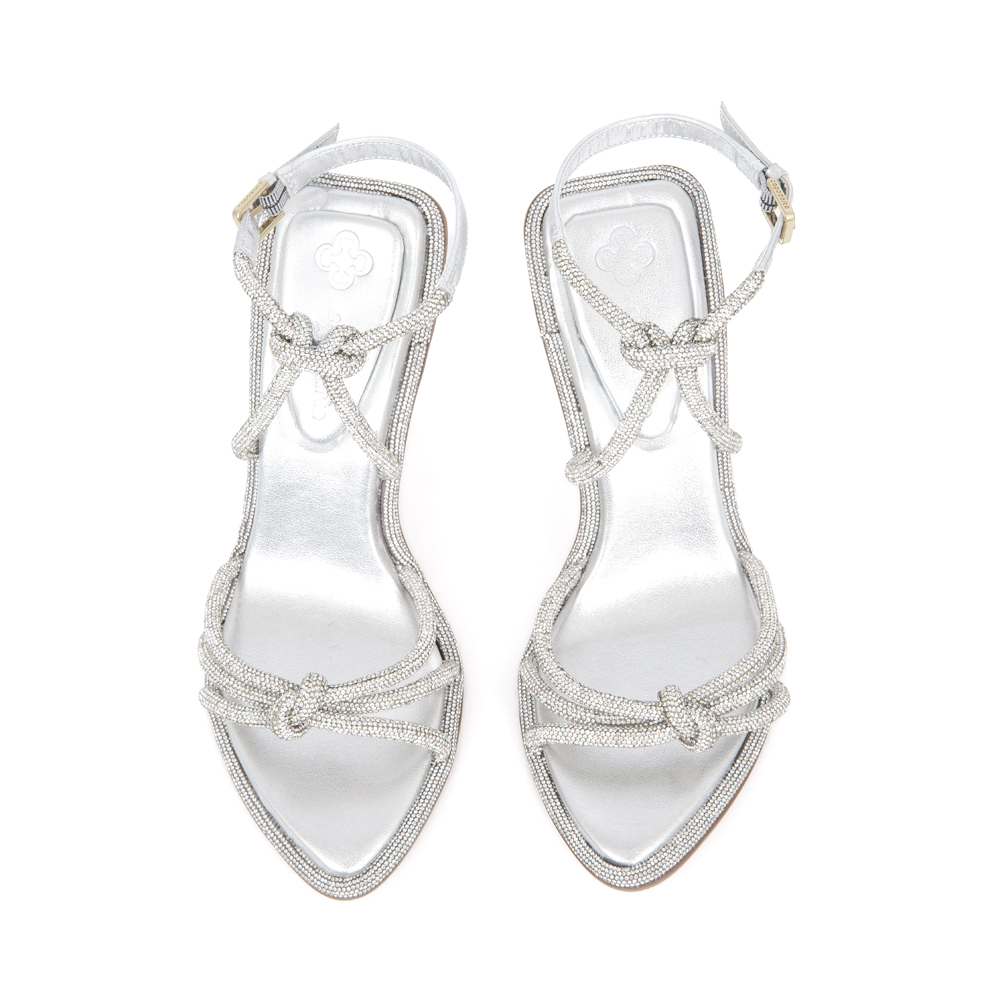 SANDÁLIA SALTO ALTO PRATEADA TIRAS STRASS CRISTAL image number 4